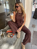 Bonnyshow  Summer Women Casual Vest Set Sleeveless Round Neck Loose Top Brown Jacquard Wide Leg Pant Streetwear Outfit Lady Daily Wear