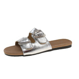 Bonnyshow  Belt Buckle Slippers Women's Fashion Round Head Open Toe Metal Buckle Soft Soled Non-slip Wear-resistant Flat Shoes