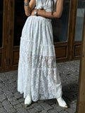 Bonnyshow  Floral Jacquard Lace White Long Skirt Women Summer High Waist Loose Sexy Sheer Midi Skirts Streetwear Casual Fashion Skirts New