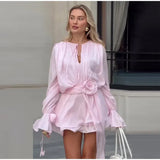 Bonnyshow  Beach 3d Flower Ruffle Women Dress Fashion Lace Up V-neck Flared Sleeve Female Dresses 2025 Summer Street Pink Lady Robe