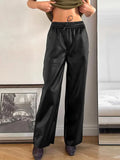 Bonnyshow Fashion Solid Color Leather Women's Pants Casual Loose Simple Black Long Pants New Retro Women Drawstring Trousers Streetwear