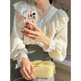 Bonnyshow Vintage French Women Shirts Lace Lolita Elegant Long Sleeve Flounce Blouse High Quality Office Lady New Fashion Chic Female Tops