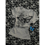 Bonnyshow  Kawaii summer butterfly graphic printed hot girl short-sleeved T-shirt women 2025 new sexy niche slim casual niche aesthetic top