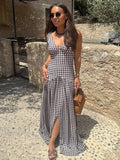 Bonnyshow  Reteo Plaid V Neck Split Sling Dress Women Elegant Splicing Pleated Sleeveless Backless Maxi Gowns Summer Vacation Street Robes