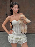 Bonnyshow  Sweet Ruched Elegant 2 Piece Set Women Summer Trend Jacquard Strapless Tops+Tierred Skirts Sweet Girl Fashion Outfits