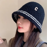 Bonnyshow Winter Lamb Fleece Bucket Hat Women Solid Color Letter Fisherman Cap Korean Wide-brim Windproof Dome Plush Hats