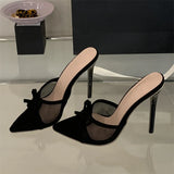 Bonnyshow  Summer Fashion Breathable Mesh Pointed Toe Women Slippers Elegant Thin High Heels Banquet Sandals Shoes
