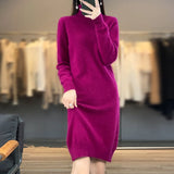 Bonnyshow Female New  Autumn And Winter Mink Cashmere Sweater Woman High Turn-Down Collar Long Dress Pullover Knitted Bottoming Skirt