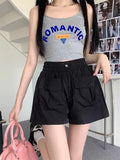 Bonnyshow  Design Sense Double Pocket Shorts Women'S Solid Spliced Button Pocket Drawstring Loose Casual High-Waist Wide Leg Trousers