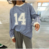 Bonnyshow  Casual Striped Patchwork Tops Women Loose O-neck Number Print Long Sleeve Lady Shirts 2024 Autumn Fashion New Female Streetwears