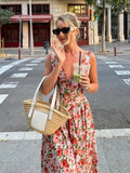 Bonnyshow  Elegant Flower Print Long Dress For Women Fashion V-neck Sleeveless High Waist A-line Maxi Dress Lady 2025 Summer Beach Robes