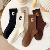 Bonnyshow 5 Pairs/Set Coffee Color Socks Women Korean Letter C Middle Tube Socks Autumn Winter Warm Cotton Female Sport Socks