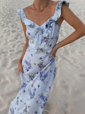 Bonnyshow  Women Sexy Skinny Flower Print Midi Dress Chic Backless Ruffled V Neck Sling Vestidos 2025 Summer Lady Vacation Elegant Sundress