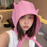 Bonnyshow Summer Quick Drying Little Devil Bucket Hat Thin Headscarf Y2k Big Head Personality Cute Cat Ear Fisherman Hat