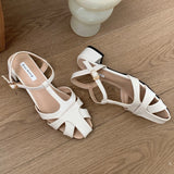 Bonnyshow  Fashion Hollow T-tied Design Brand Sandals Women Comfort Ankle Strap Buckle Chunky Heel Rome Shoes Summer Dress Zapatos De Mujer