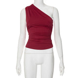 Bonnyshow Solid Color One Shoulder Backless Shrink Tank Top T-Shirt Candy Color Tight Sexy Sleeveless Neckless Slim Casaul Top