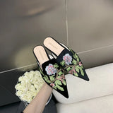 Bonnyshow  Summer New Vintage Baotou Slippers Women's Outer Wear Flat Embroidered Pointed Toe 1 Slip-on Shoes Guofeng Women's Shoes