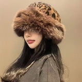 Bonnyshow Vintage Leopard Bucket Hat for Women Warm Fluffy Fur Fisherman Cap Winter Thicken Plush Female Mongolian Hats Christmas Gifts