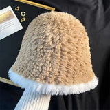 Bonnyshow Winter Plush Bucket Hat for Women Thicken Warm Faux Fur Fisherman Cap Korean Solid Color Wide-brim Female Basin Hats