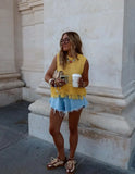 Bonnyshow  Trendy Yellow Fringe Patchwork Woman Vest Top Boho Chic Sleeveless Summer Knit Streetwear 2025 Fashion Hollow Out Casual Blouse