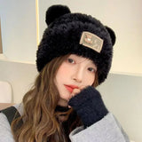 Bonnyshow Cute Bear Beanie Cap for Women Winter Warm Thick Knitted Plush Hat Korean Cartoon Female Ear-Protection Hats