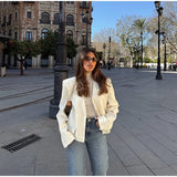 Bonnyshow  Elegant Covered Button Short Women's Jacket Solid V-neck Full Sleeve Pockets Coats Female 2025 Spring Autumn Lady Streetwears