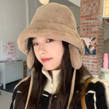 Bonnyshow Winter Warm Bucket Hat with Earflap Solid Color Thicken Plush Ear Protection Cap Women Warm Faux Fur Earmuff Hats