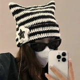 Bonnyshow Y2K Cute Star Devil Knitted Beanies for Women Korean Ins Striped Knitted Skullies Hat Autumn Winter Warm Wool Pullover Cap