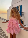Bonnyshow  Solid Layered Ruffles Mini Dress Women's Strapless Irregular Cutting Sleeveless Sexy Vestidos 2025 Summer Vacation Beach Wear