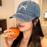 Bonnyshow Vintage Cowboy Bow Knot Baseball Caps Korean Embroidery Bow Knot Hip Hop Hat Fashion Baseball Caps Outdoor Cycling Sun Hat Women