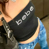 Bonnyshow Y2k Harajuku Goth Chic Crop Top E-Girl Black Street Trend Letter Rhinestone Bling Bebe Sleeveless Sexy Short Tube Top Streetwear