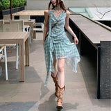 Bonnyshow  Fashionable Irregular Mini Dress Female Clothing Plaid Summer New Swinging Collar Drawstring Hotsweet Sleeveless Vintage Dresses