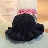 Bonnyshow Winter Handmad Crochet Knitted Hat For Women Solid Color Fisherman Hats Ruffled Brim Bucket Cap Men Carnival Party Funny Gift