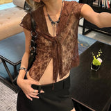 Bonnyshow  Y2K Fashion Lace Crop Top Brown V-neck Lace Up Cardigan Tee Shirt See Through Chic Sexy Short Sleeve T-shirt Summer