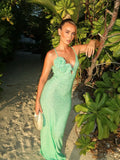 Bonnyshow  Summer Holiday Elegant Green Sequin Maxi Dress For Women Chic Backless Sleeveless Sling Boycon Robe  Female Beach Vestdios