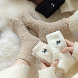 Bonnyshow Cute Coral Fleece Socks Women Winter Warm Thicken Plush Indoor Sock Cartoon Big Eye Solid Color Female Floor Socks