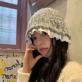 Bonnyshow Lace Knitted Bucket Hat for Women Winter Warm Woolen Fisherman Cap Y2K Beanies Sweet Ruffle Girls Ear Protection Hats