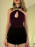 Bonnyshow  Summer Slim Top Hollow Out Shoulder Crop Vest Female Elegant Streetwear Sexy Backless Metal Ring Halter Women Tanks 2025 New