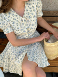Bonnyshow  French Floral Print Women's Elegant Short Sleeve A-Line Dresses Summer Sweet Country Style Casual High Waist Dress New