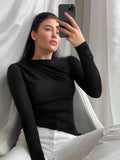 Bonnyshow Women's Basic Slim Fit T-Shirt Versatile O-Neck Pleated Long Sleeved Base Shirt  Fashionable Ladies Solid Color Top