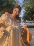 Bonnyshow  Summer Vacation Style Wave Point Set, One Shoulder Lotus Leaf Edge Shirt, Waist Cinched, Fluffy Skirt For Women