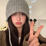 Bonnyshow Winter Wool Bucket Hat for Women Warm Knitted Ear Protection Cap Korean Solid Color Coldproof Crochet Fisherman Hats
