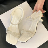 Bonnyshow  CRYSTAL Diamond Narrow Band Square Toe Women Slippers Fashion Thin Low Heels Sandals Ladies Summer Shoes