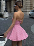 Bonnyshow  Sexy Off Shoulder Women 's Mini Dress Solid Backless Sleeveless Unique Button Dressess Lady 2025 Summer New Lady Beach Vestidos