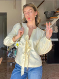 Bonnyshow  Chic Hollow Out Pleated Blouses Women Loose Fit Long Flare Sleeve Chiffon Shirts 2025 V-neck Lace Up Street Fashion Comfort Tops