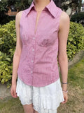 Bonnyshow  Pink Striped Blouse T-shirts Women Summer Casual Slim Turn-down Collar Sleeveless Tees Cute Sweet Preppy Style Y2K Crop Tops New