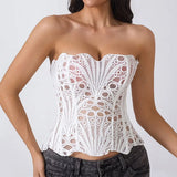 Bonnyshow  Sexy Embroidery Hollow Out Women Vest Print Sleeveless Backless Bandage Pleated Female Top 2025 Summer Fashion Lady Streetwear