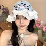 Bonnyshow Hollow Bow Knot Bucket Hat Korean Hole Lace Knit Spring and Summer Travel Beach Sun Protection Fisherman Hat Japanese Kawaii Cap