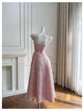 Bonnyshow  Elegant Pink Floral Midi Dress For Women Sleeveless A Line Romantic And Chic Simple And Stylish TH9794