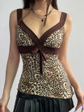 Bonnyshow Contrast Patchwork Leopard Print Slim Asymmetrical Tank Vest Female V Neck Y2K Summer Camisole Tops